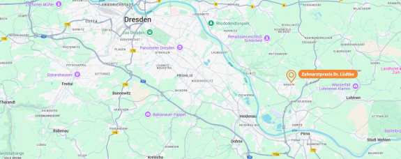 Karte von Dresden und Umgebung mit einem Marker auf dem Standort der Zahnarztpraxis