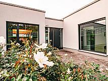 Eingangsbereich eines modernen Gebäudes mit großen Fenstern, grauer Tür und blühenden weißen Rosen im Vordergrund.